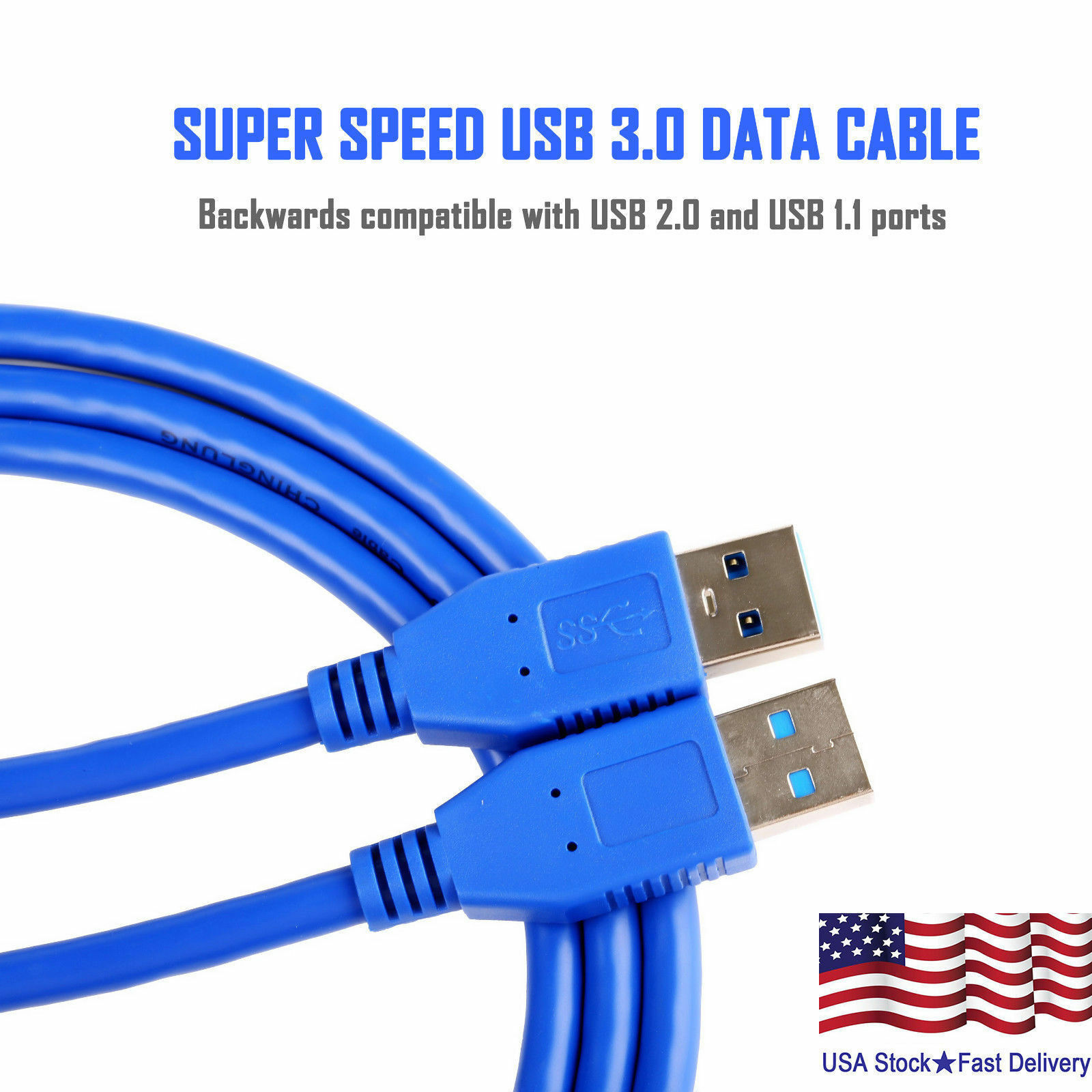 New Usb 3.0 Male To Male Cable Cord For Data Transfer Hard Drive Blue 2ft