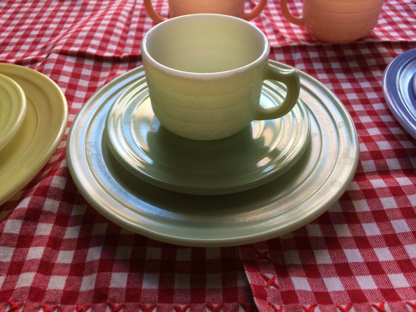 Hazel Atlas Platonite Moderntone Green Glass Childs Tea Cup & Saucer & Plate